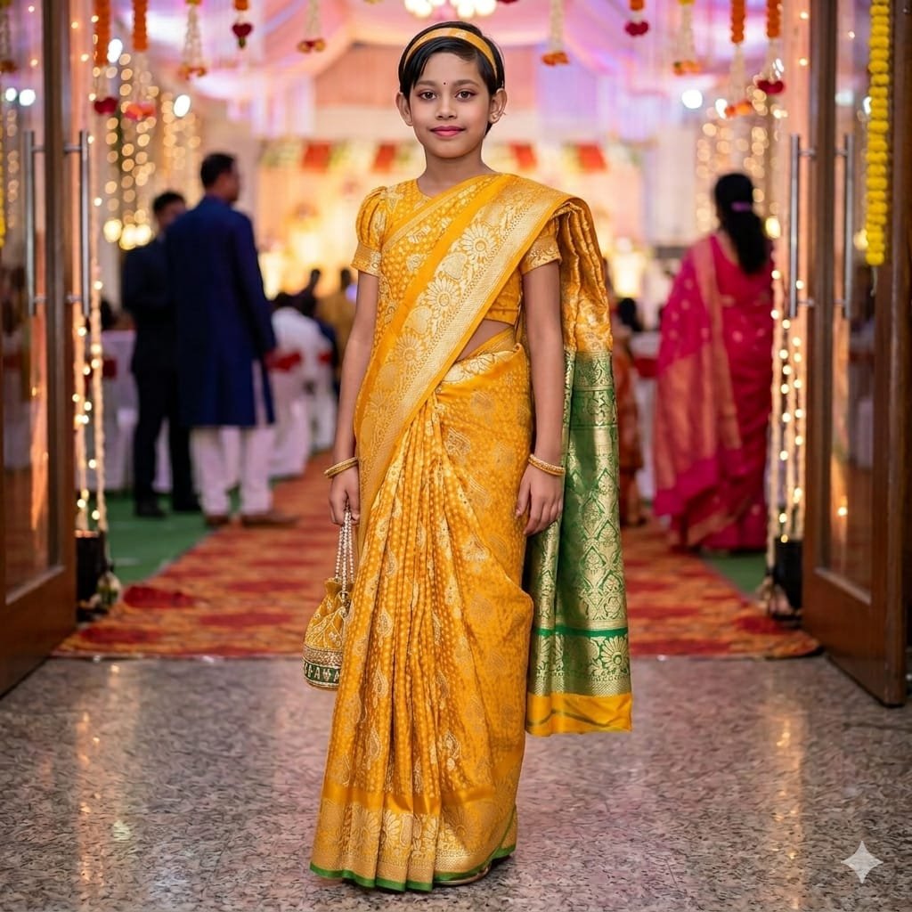 বাচ্চাদের জন্য রেডিমেড কাতান শাড়ি ব্লাউজ সহ -হলুদ কালার পানপাতা ডিজাইন - Image 3