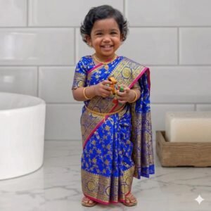 বাচ্চাদের রেডিমেড কাতান শাড়ি ব্লাউজ সহ - নীল কালার লতাপাতা ডিজাইন