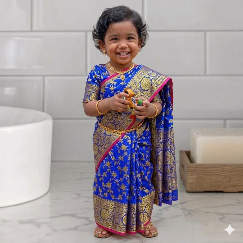 বাচ্চাদের রেডিমেড কাতান শাড়ি ব্লাউজ সহ  – নীল কালার লতাপাতা  ডিজাইন ১-৪ বছরের বাচ্চার জন্য