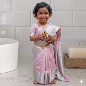 বাচ্চাদের রেডিমেড কাতান শাড়ি ব্লাউজ সহ - বেবি পিংক কালার লতা ডিজাইন