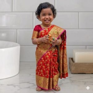 বাচ্চাদের রেডিমেড কাতান শাড়ি ব্লাউজ সহ - লাল কালার লতাপাতা ডিজাইন